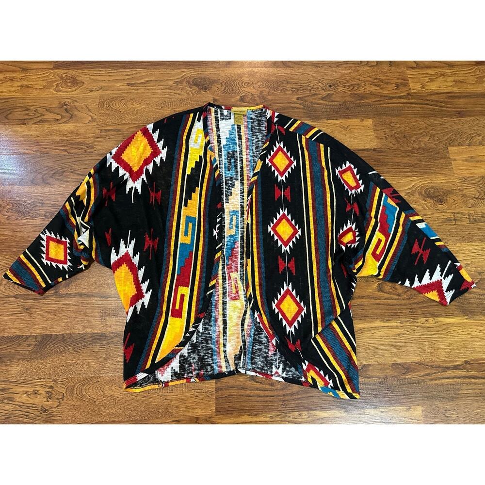 Wrangler Aztec Western Print Open Front Kimono Cardigan Women’s Large Black